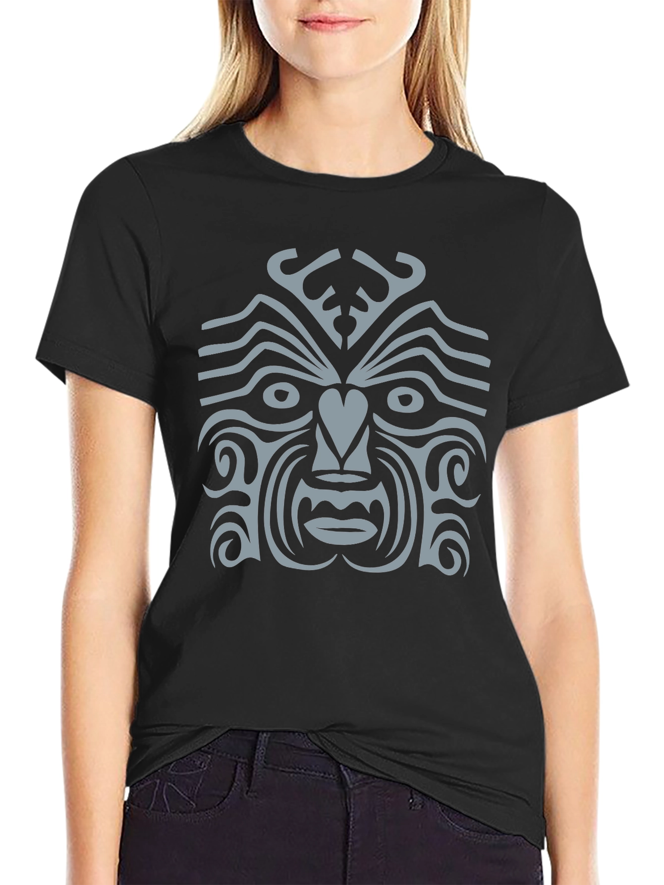 Tribal Face Graphic Tee - Black Cotton Casual