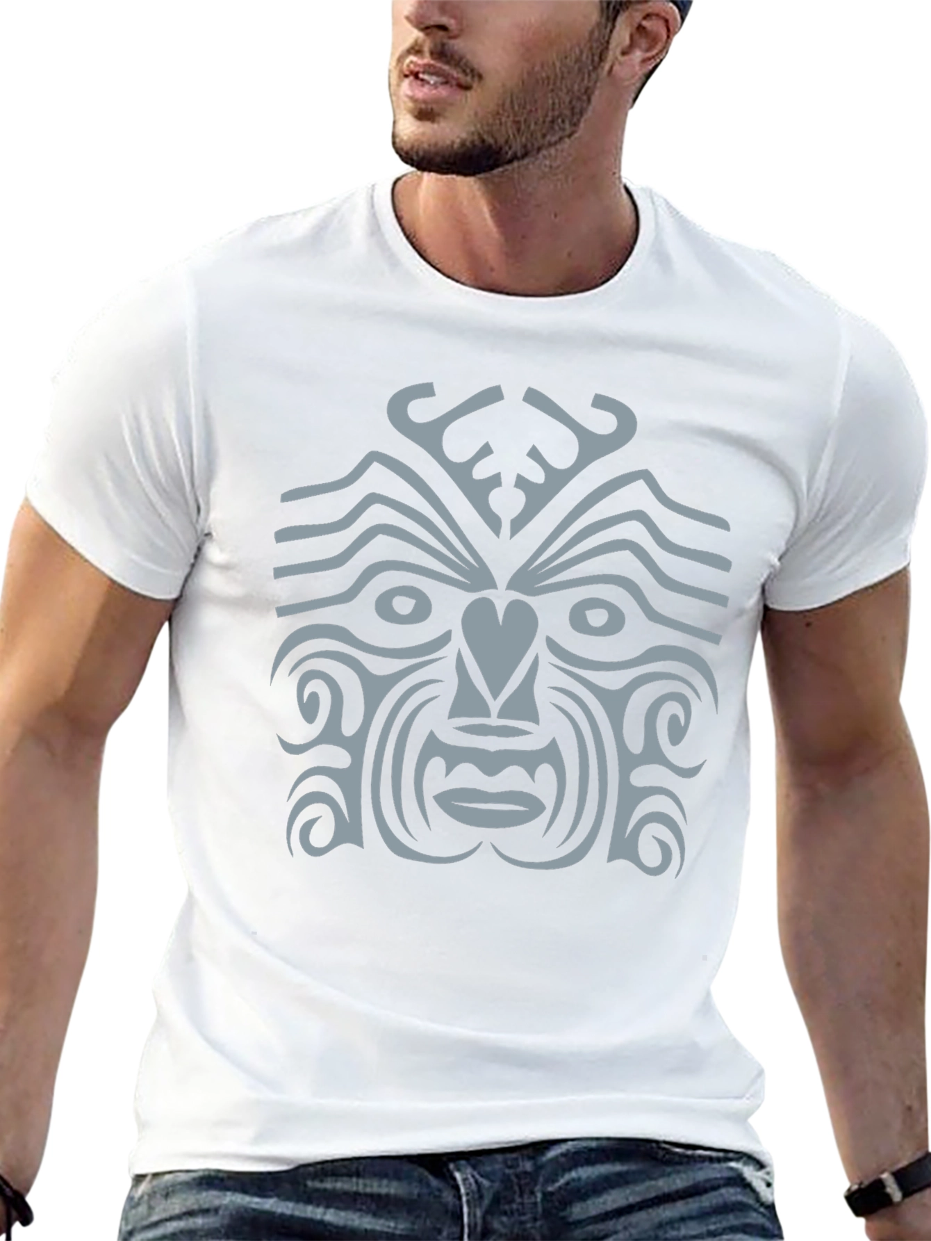 Tribal Face Graphic Tee - Black Cotton Casual
