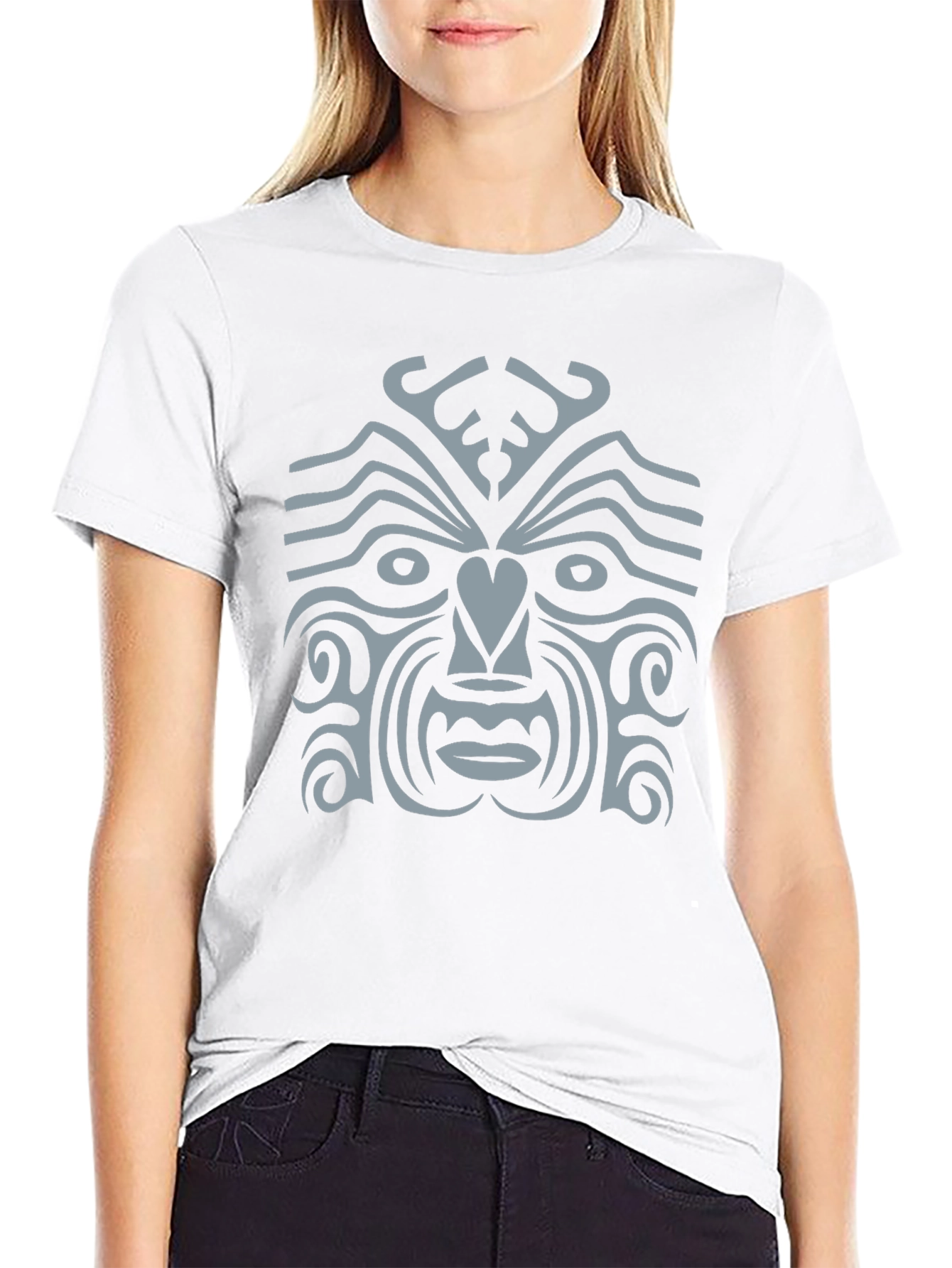 Tribal Face Graphic Tee - Black Cotton Casual