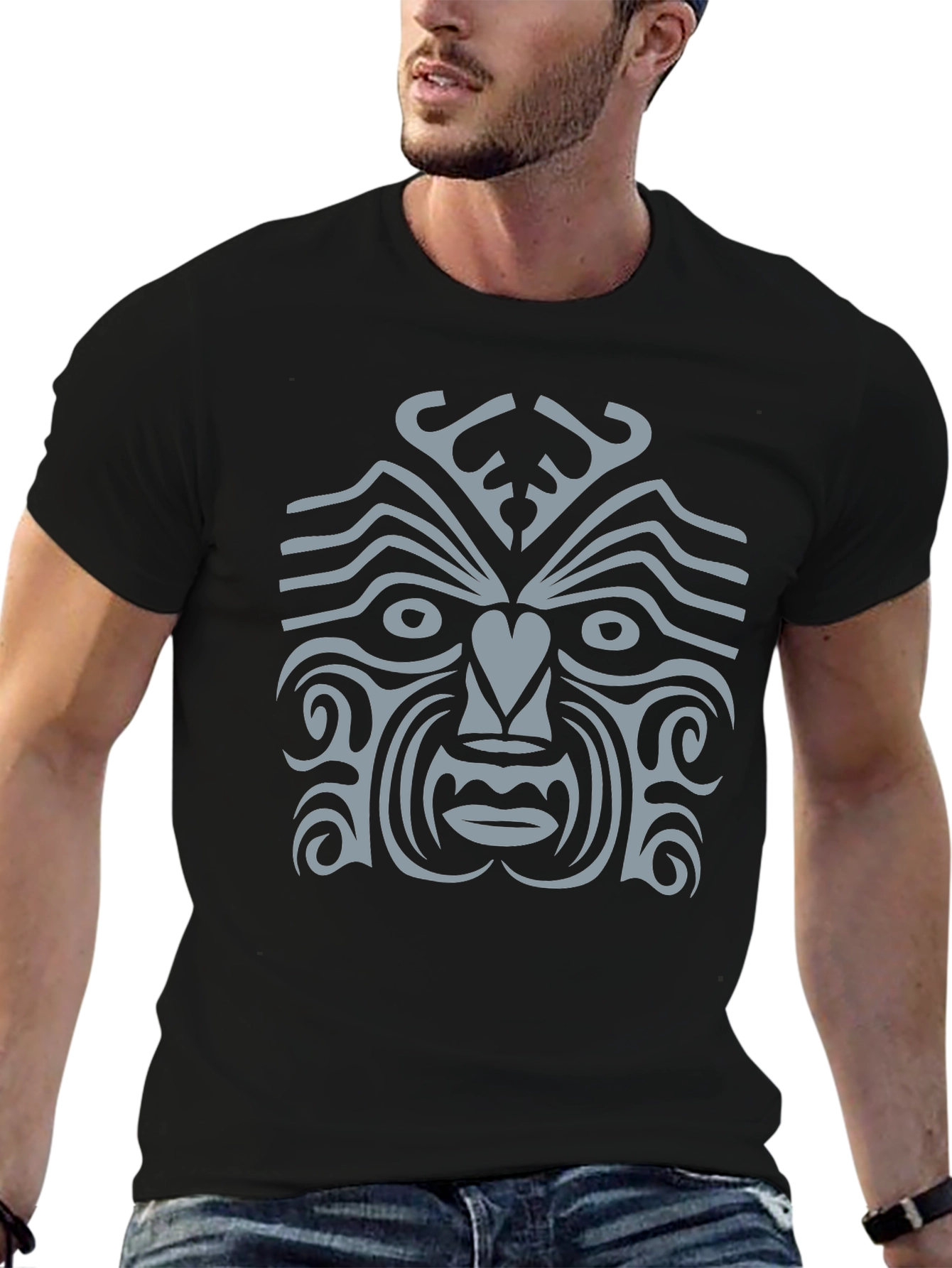 Tribal Face Graphic Tee - Black Cotton Casual