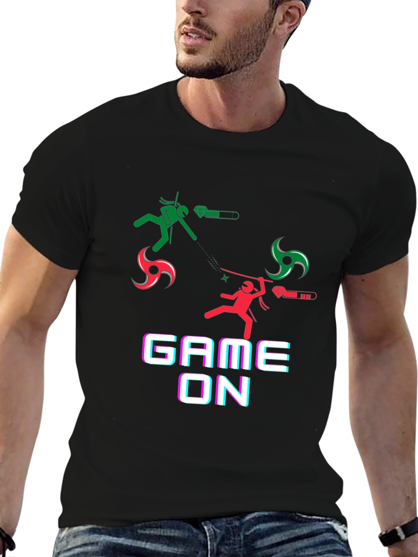 Game On Black T-Shirt - Ninja Stick Figure Design