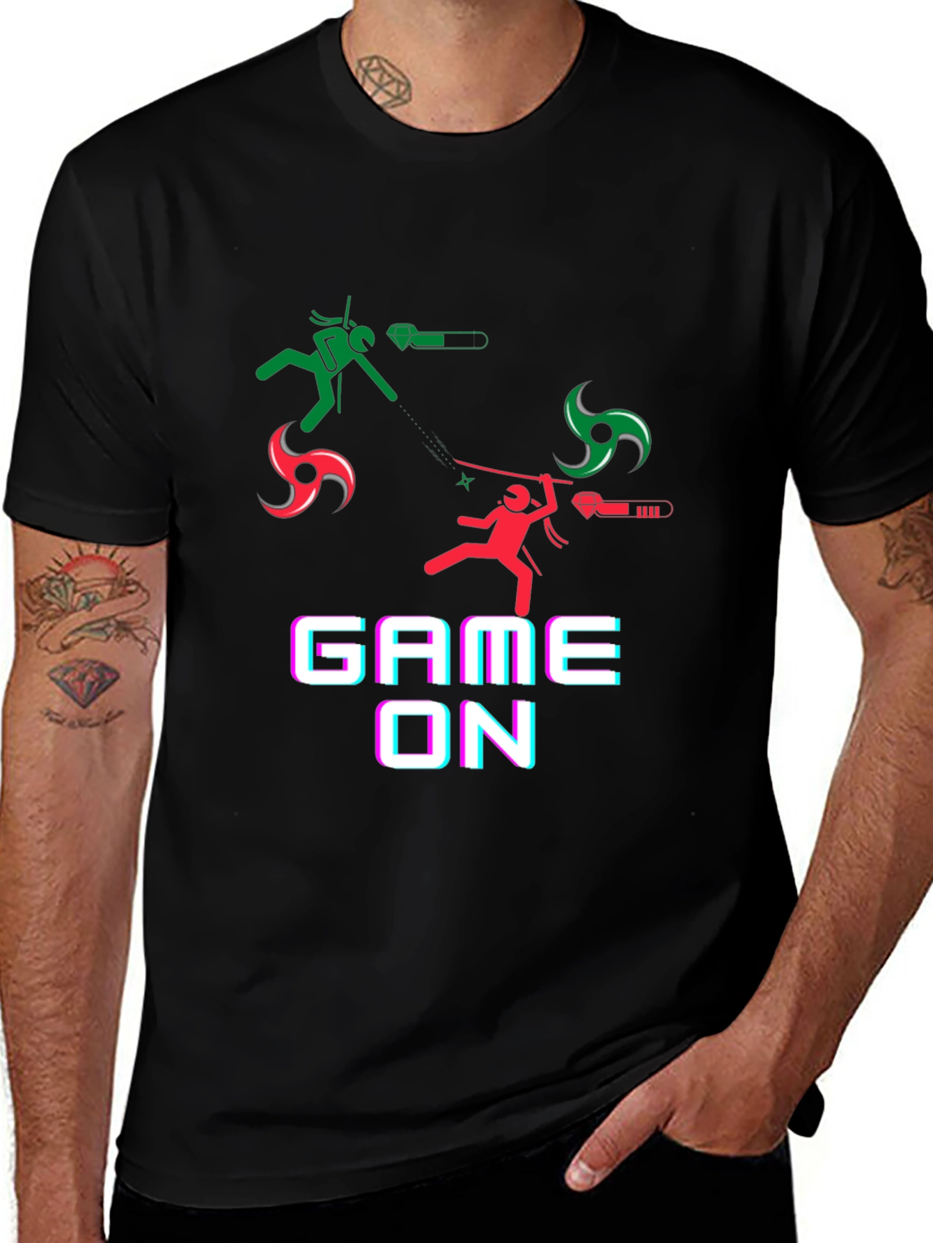 Game On Black T-Shirt - Ninja Stick Figure Design