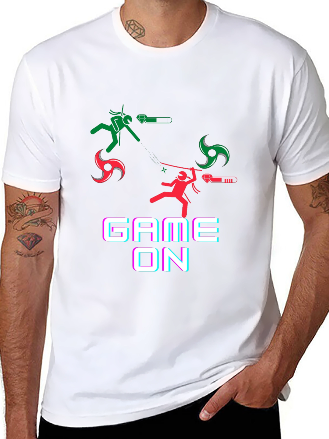Game On Black T-Shirt - Ninja Stick Figure Design