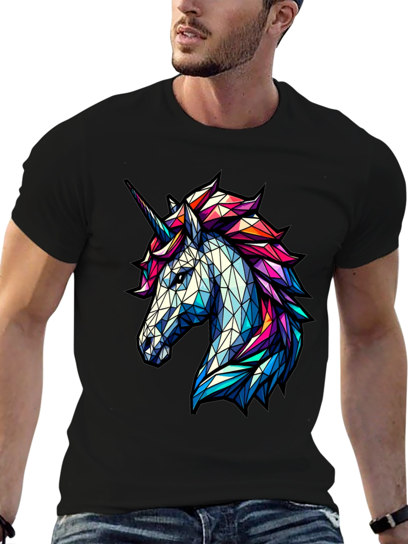 Geometric Unicorn Graphic Tee - Black