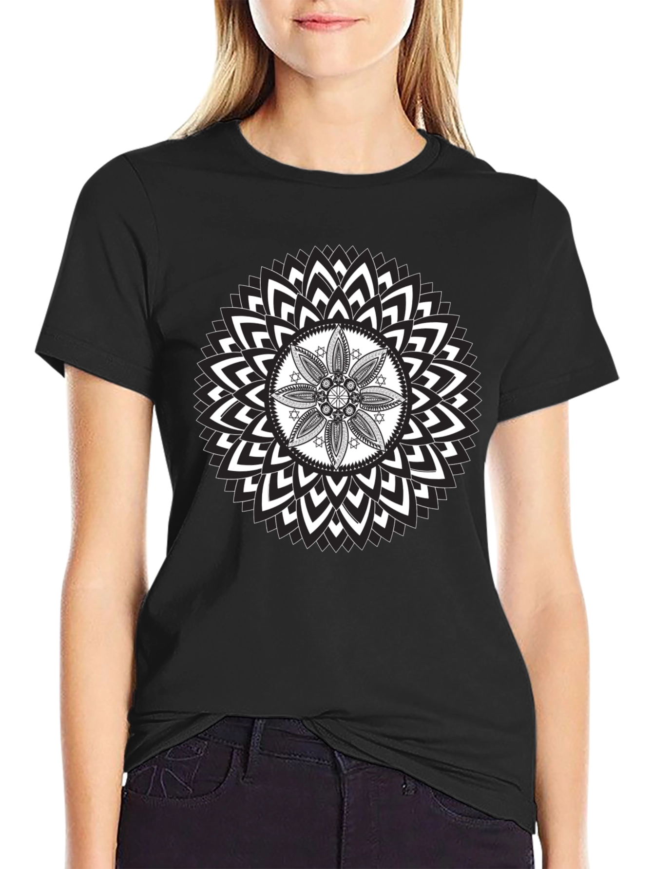 Geometric Mandala Graphic Print Black T-Shirt