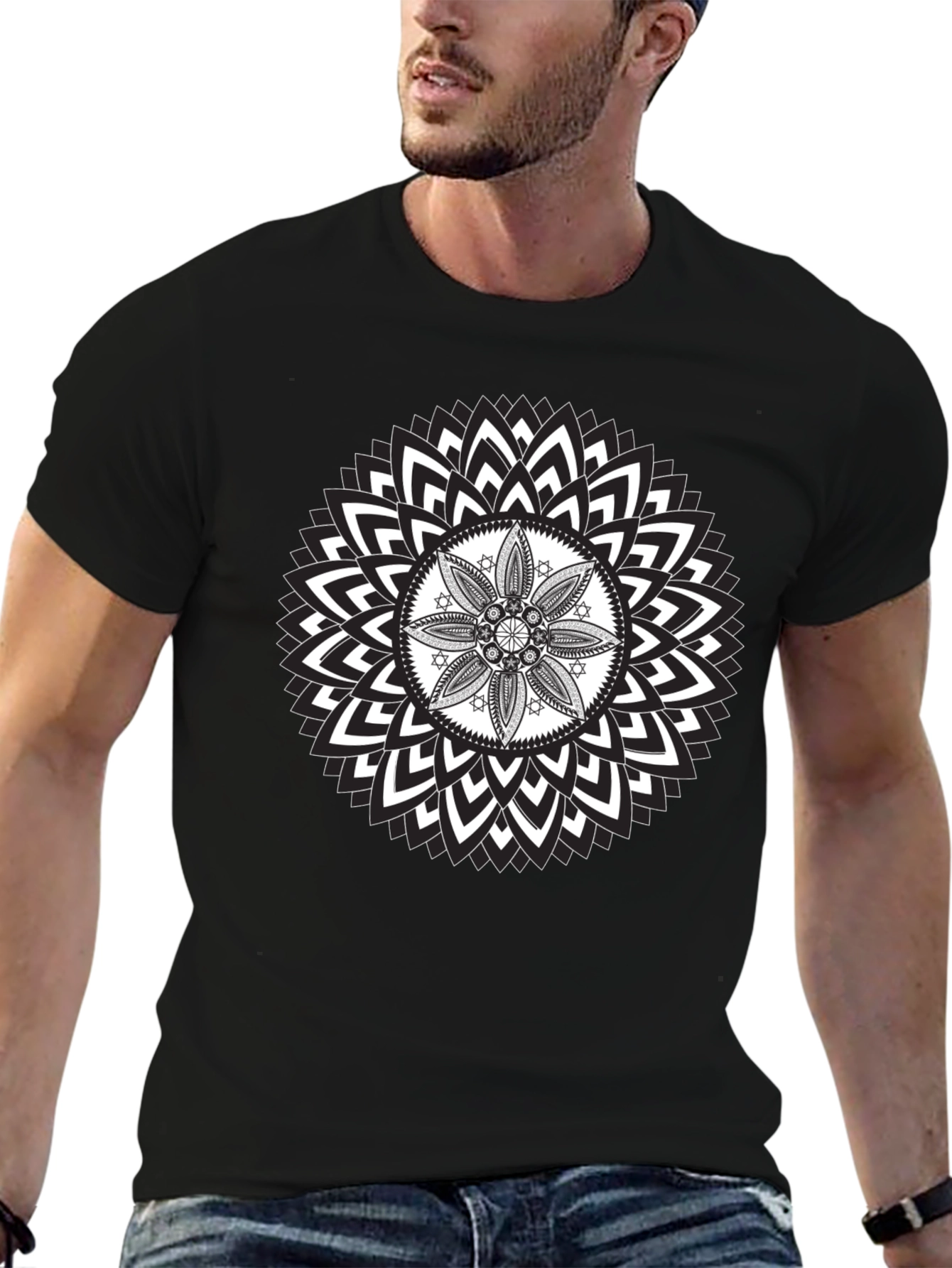 Geometric Mandala Graphic Print Black T-Shirt