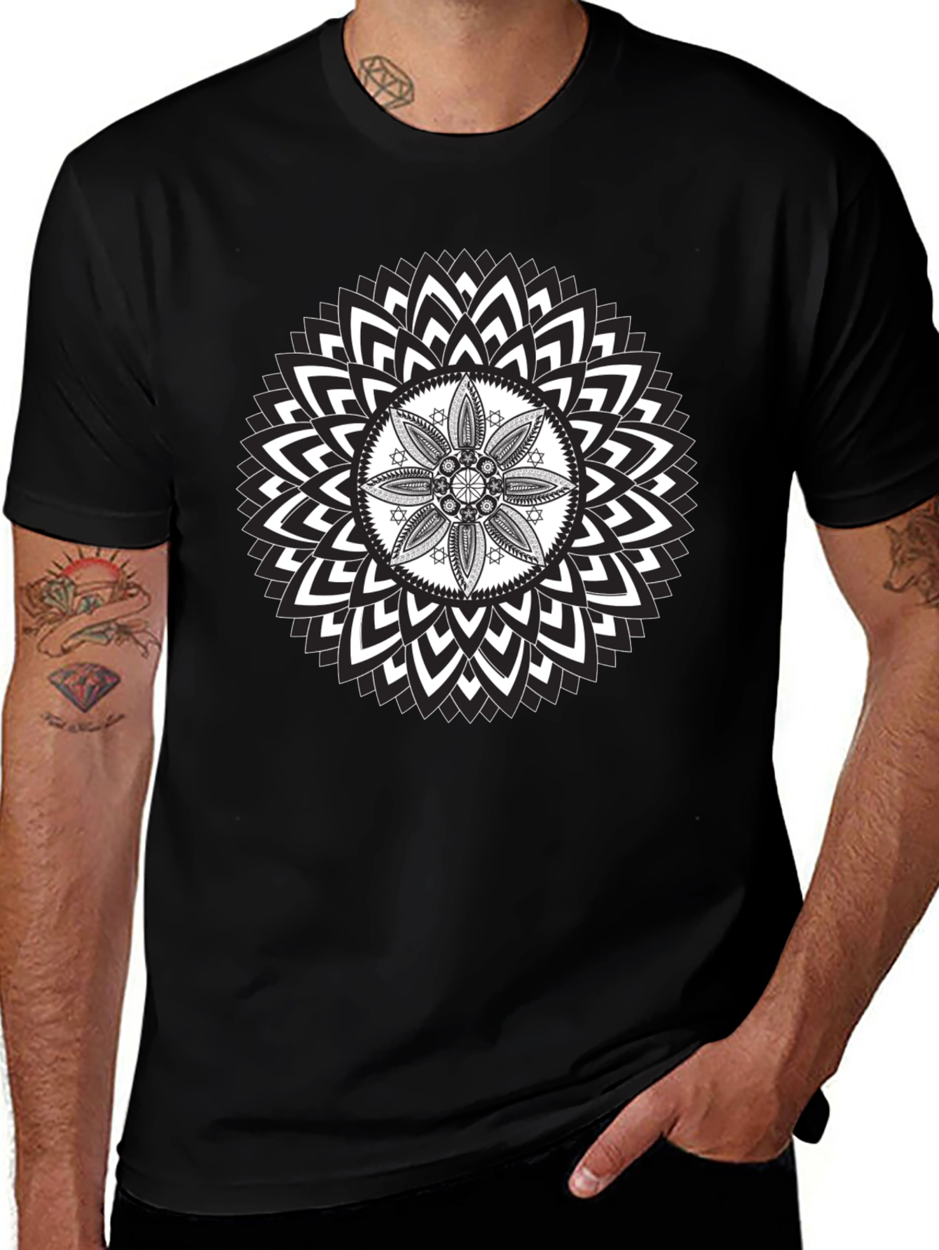 Geometric Mandala Graphic Print Black T-Shirt