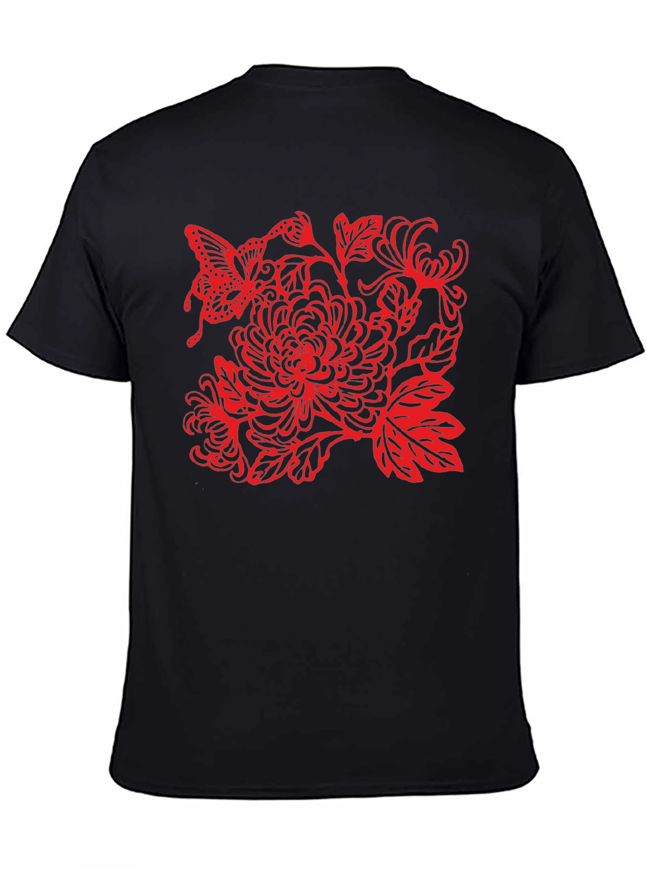 Black Tee with Red Butterfly Floral Design
