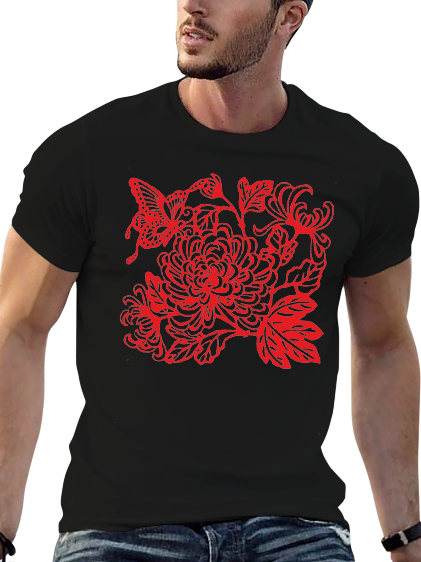 Black Tee with Red Butterfly Floral Design