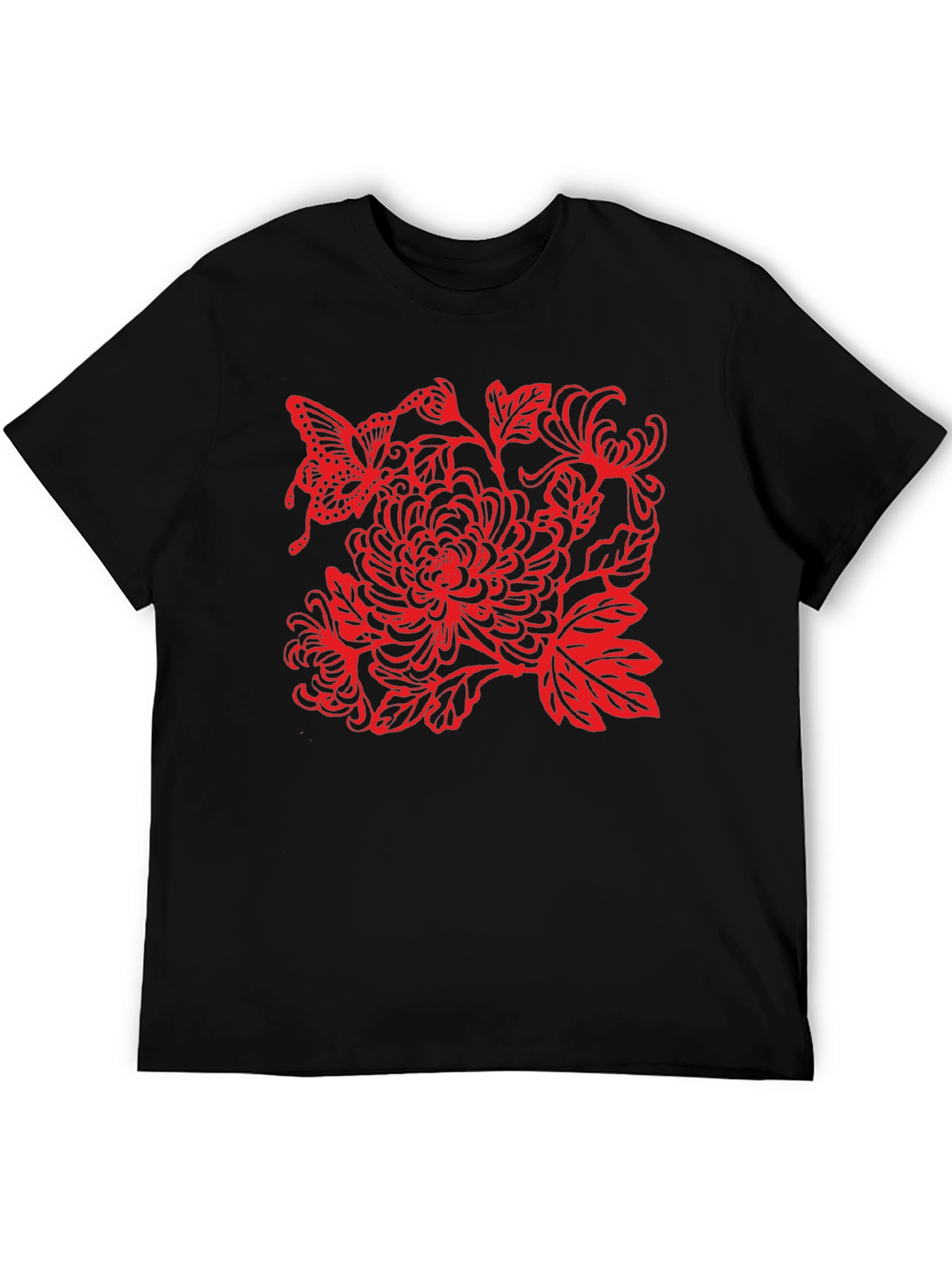 Black Tee with Red Butterfly Floral Design