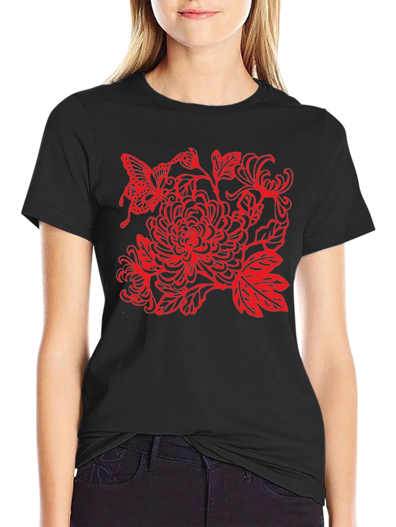 Black Tee with Red Butterfly Floral Design