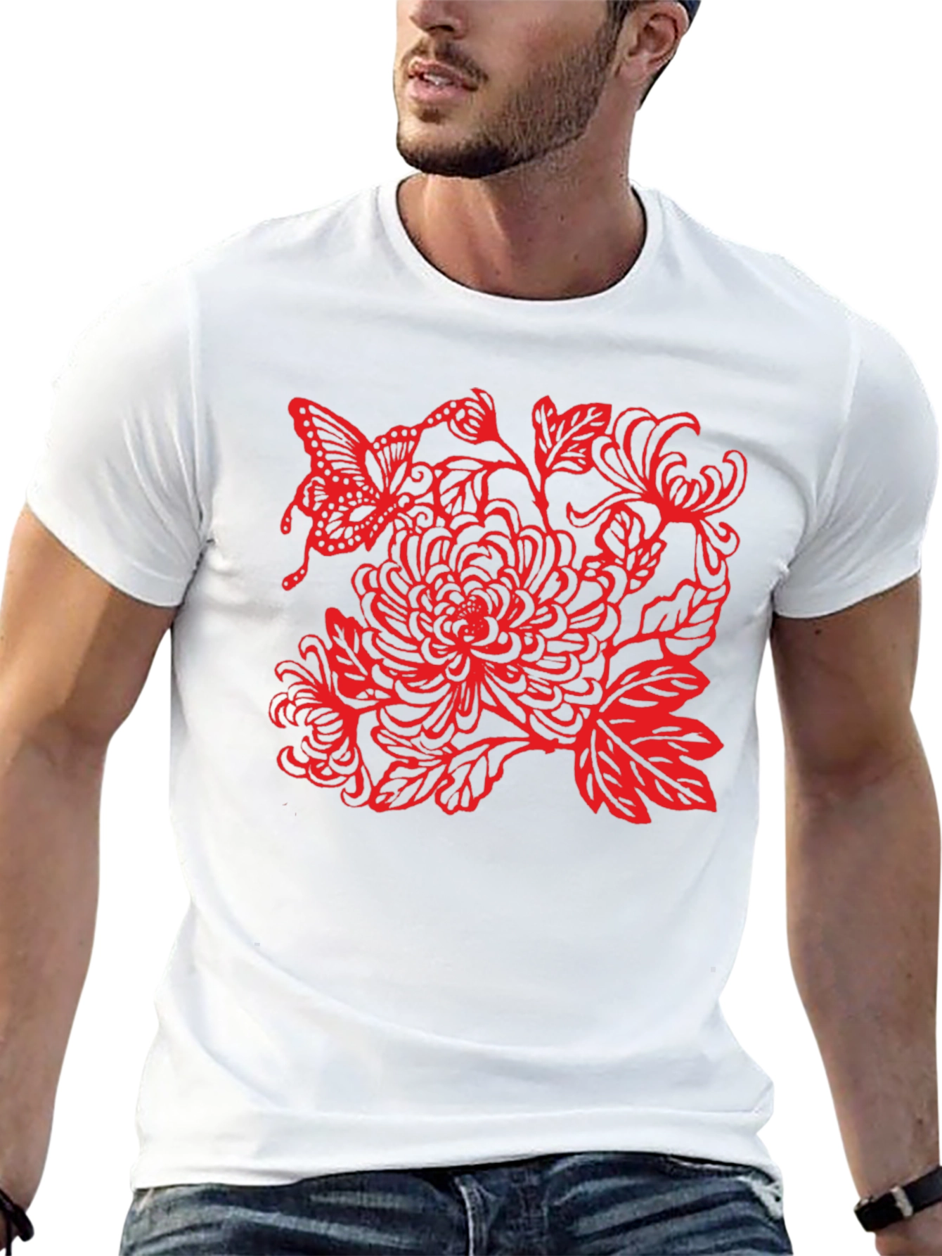 Black Tee with Red Butterfly Floral Design