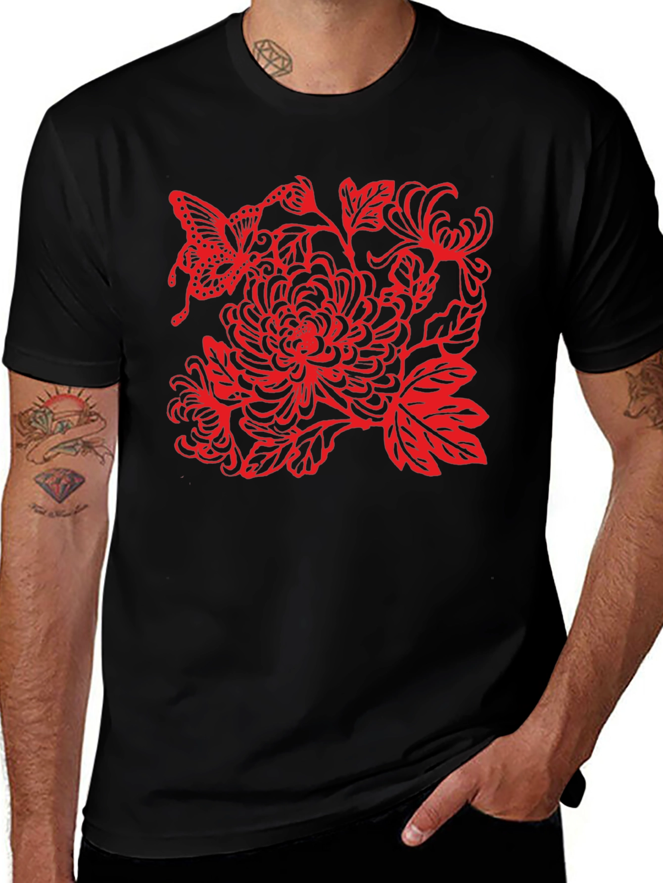 Black Tee with Red Butterfly Floral Design