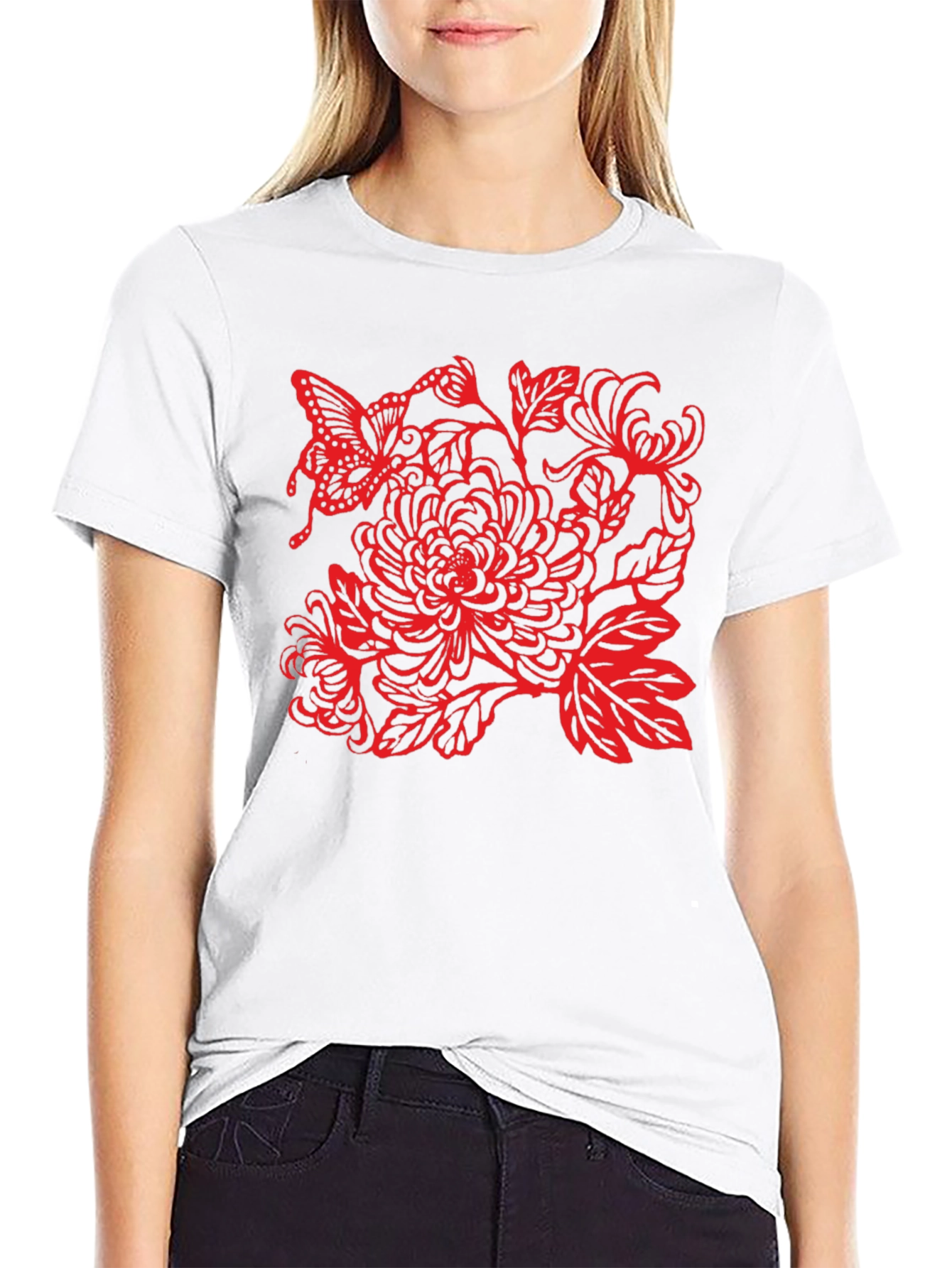 Black Tee with Red Butterfly Floral Design