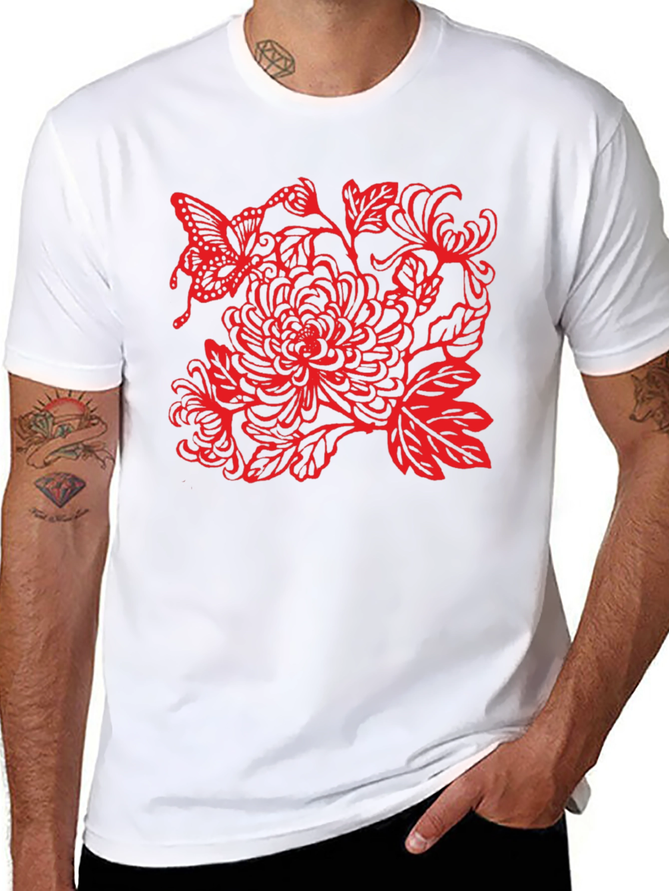 Black Tee with Red Butterfly Floral Design