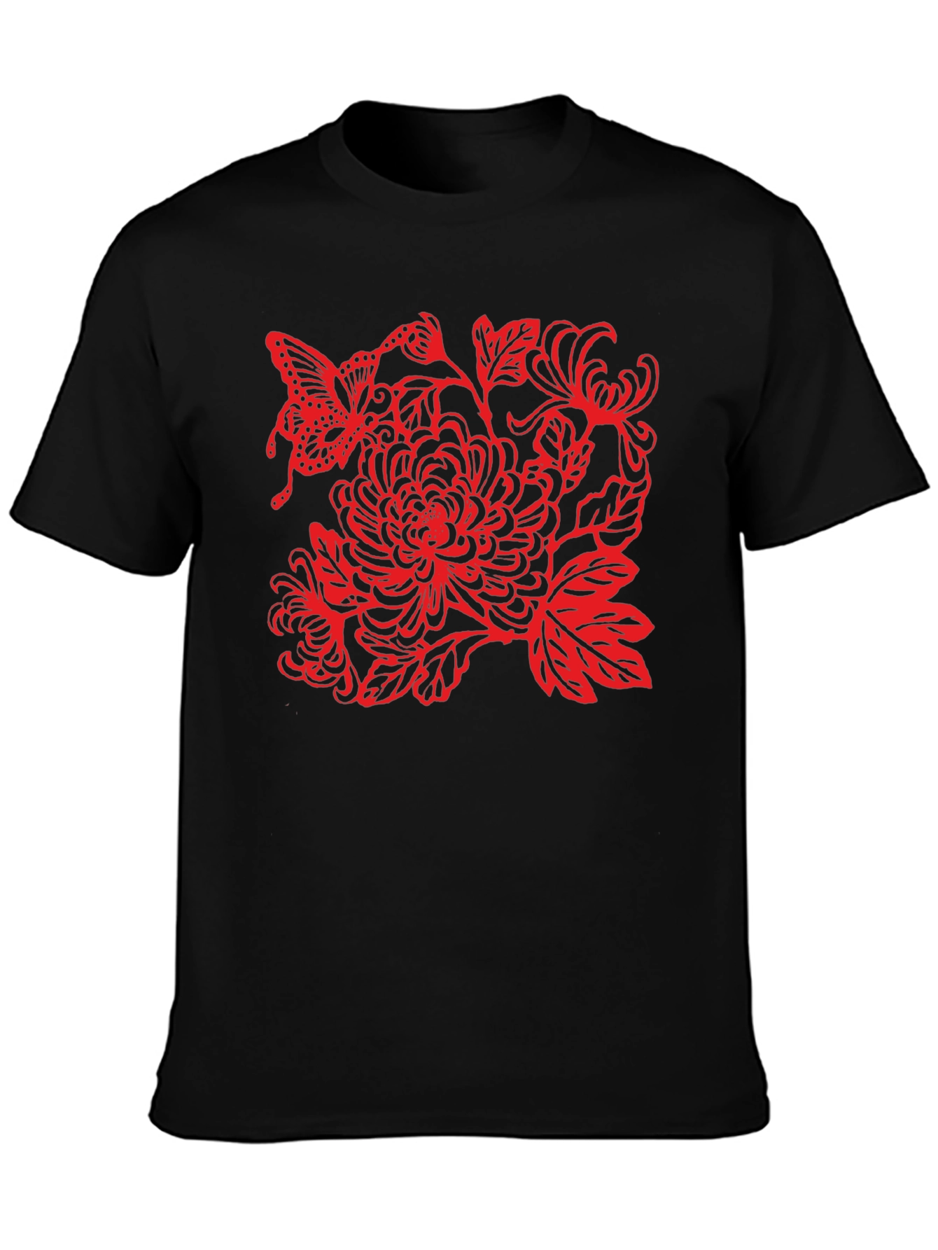Black Tee with Red Butterfly Floral Design