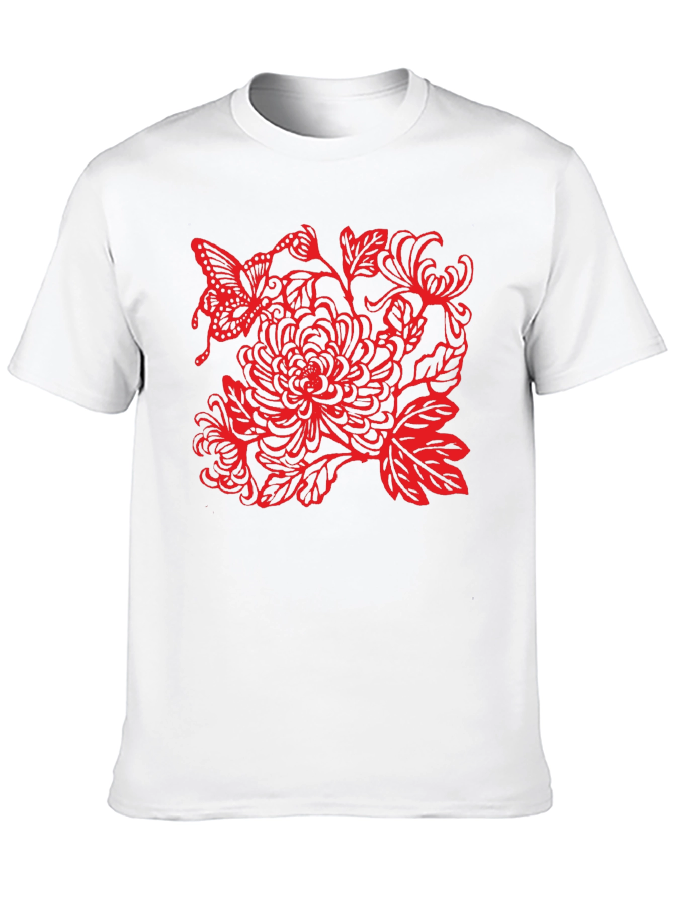 Black Tee with Red Butterfly Floral Design