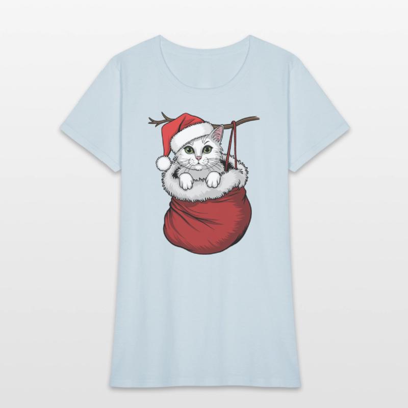 White Cat Wearing Santa Hat In Christmas Stocking