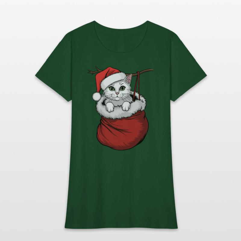 White Cat Wearing Santa Hat In Christmas Stocking