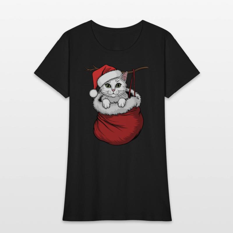 White Cat Wearing Santa Hat In Christmas Stocking