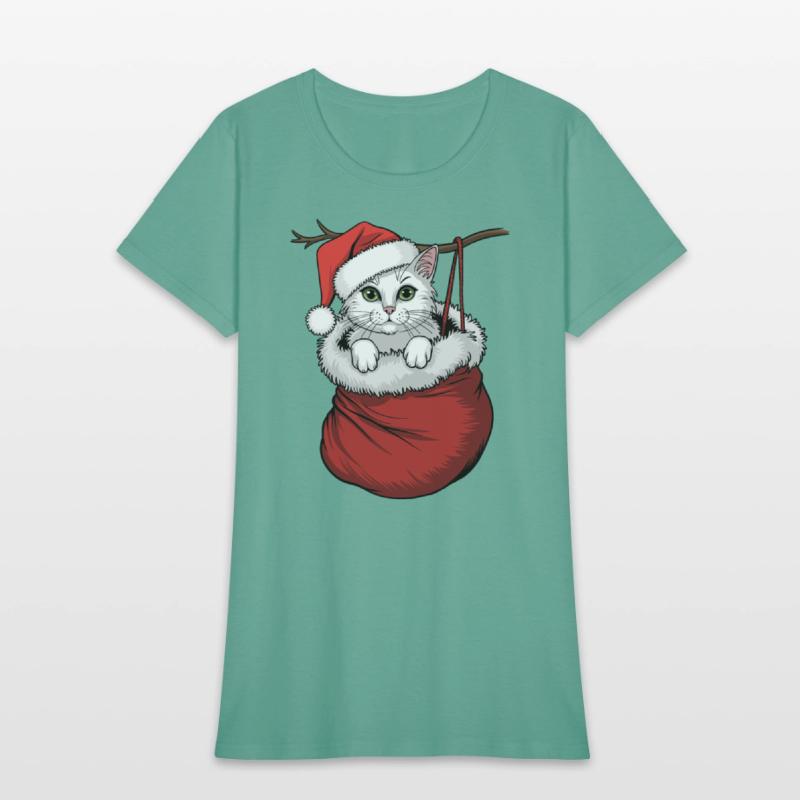 White Cat Wearing Santa Hat In Christmas Stocking