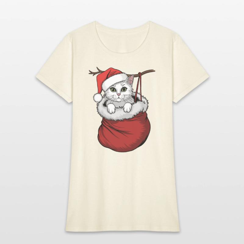 White Cat Wearing Santa Hat In Christmas Stocking