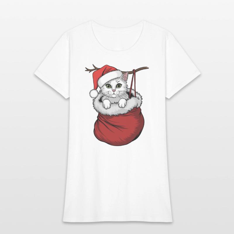 White Cat Wearing Santa Hat In Christmas Stocking
