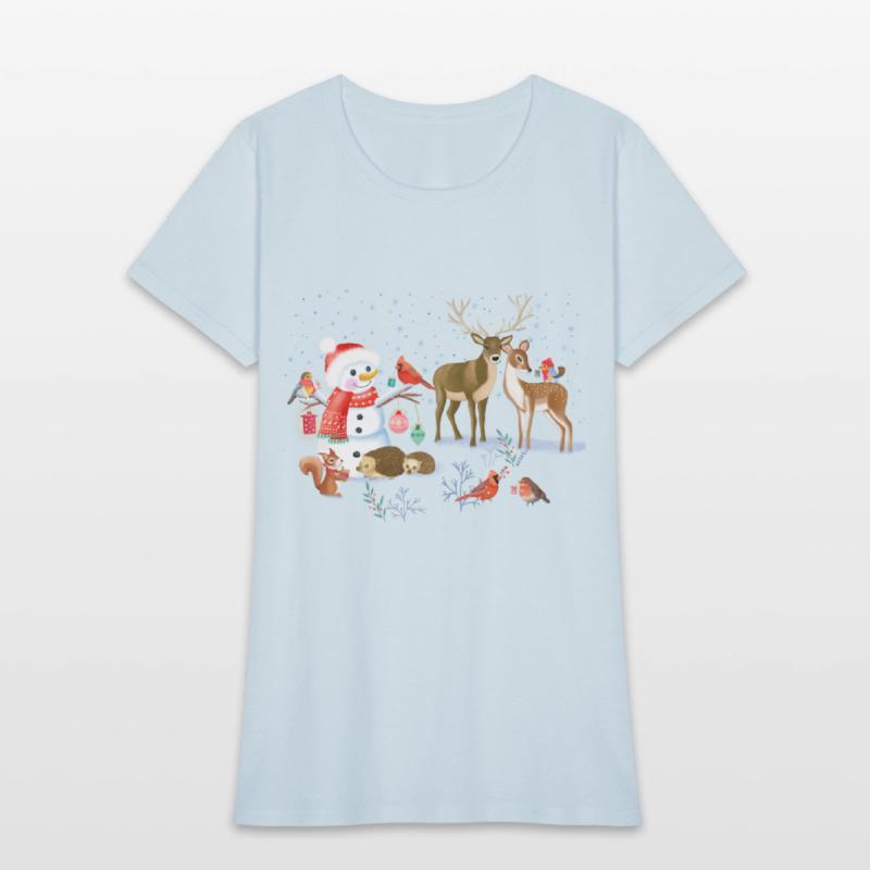 Winter fairytale with snowman and forest animals