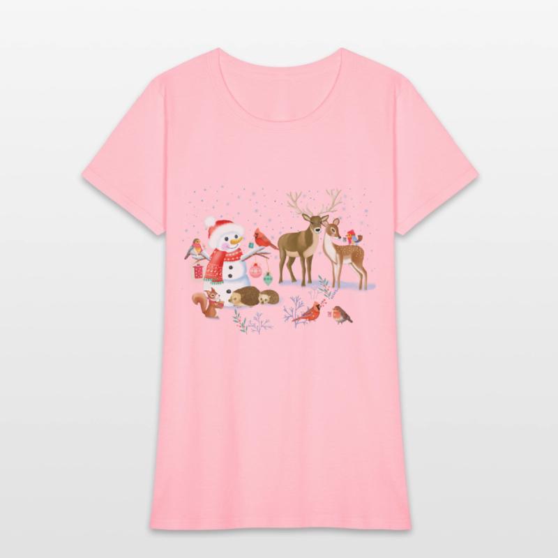 Winter fairytale with snowman and forest animals