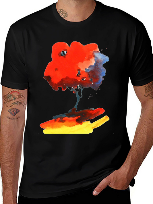 Abstract Watercolor Tree Graphic Tee - Soft Black Cotton Shirt