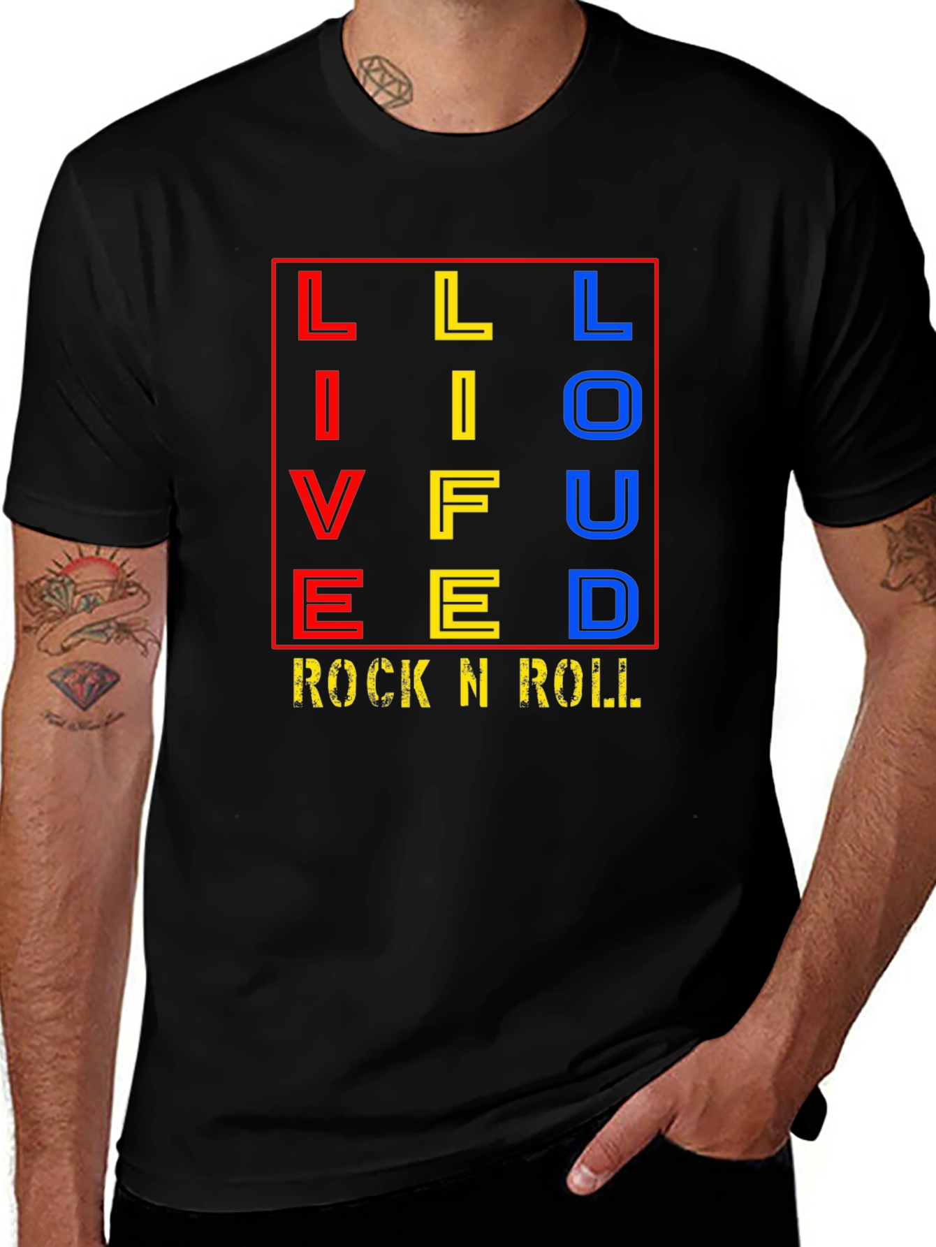 Live Life Loud Rock N Roll Black Graphic T-Shirt