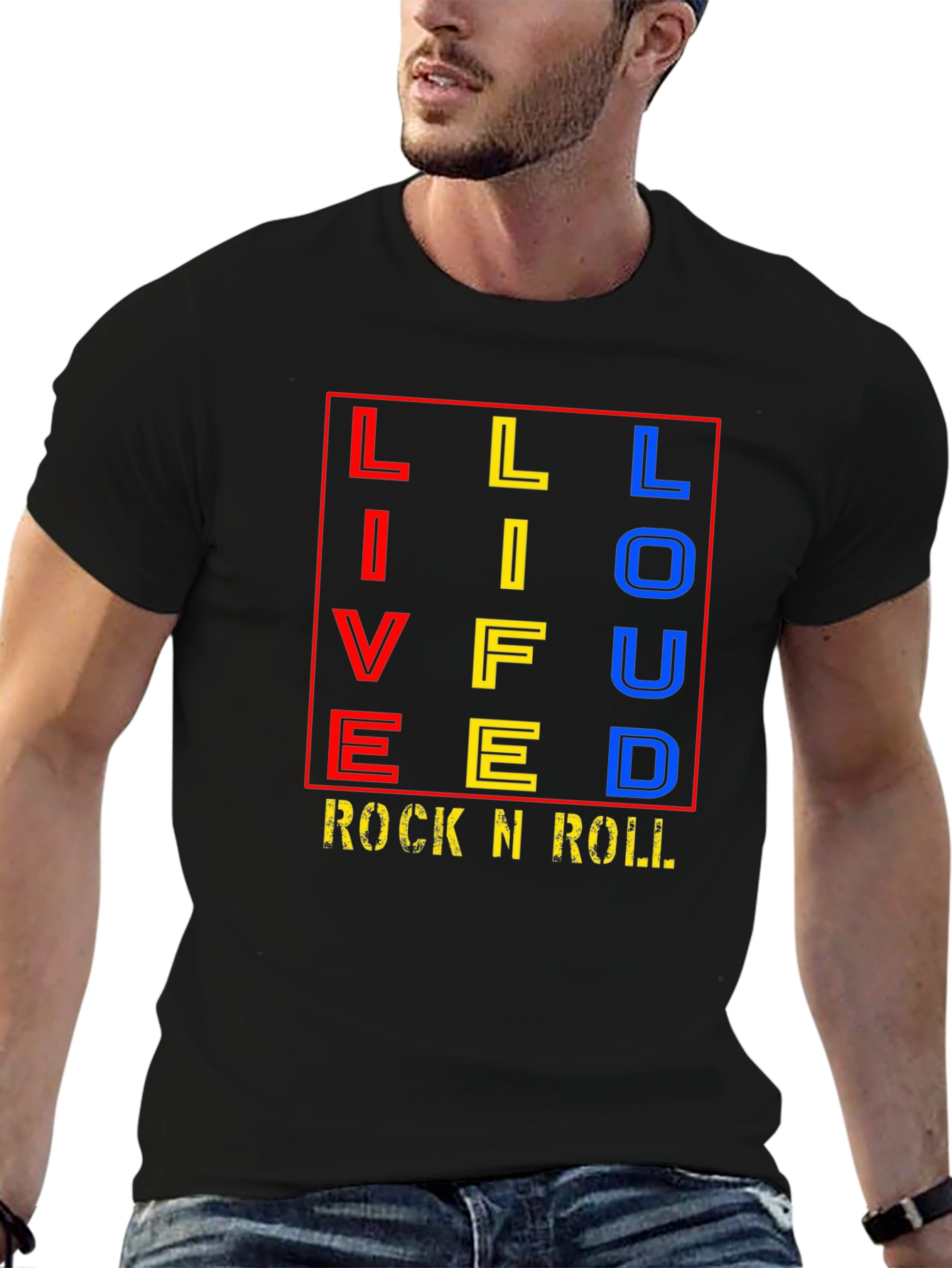 Live Life Loud Rock N Roll Black Graphic T-Shirt