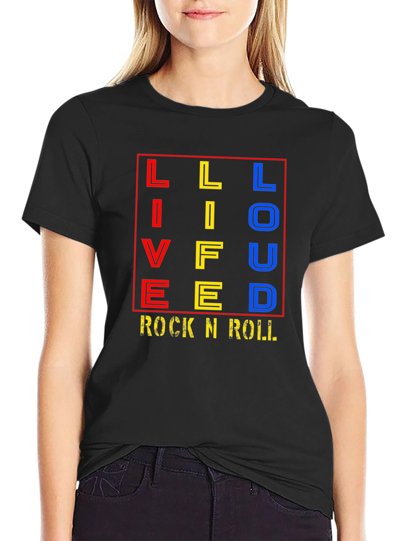 Live Life Loud Rock N Roll Black Graphic T-Shirt