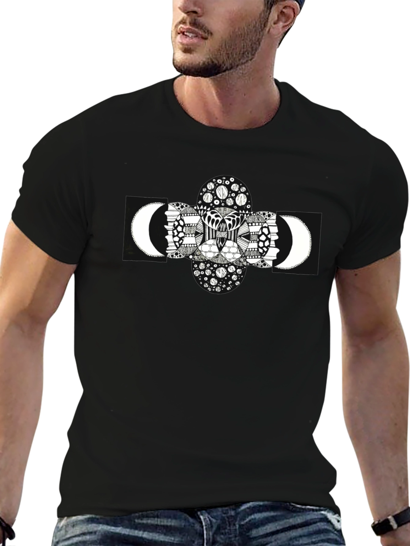 Abstract Moon Print Black T-Shirt