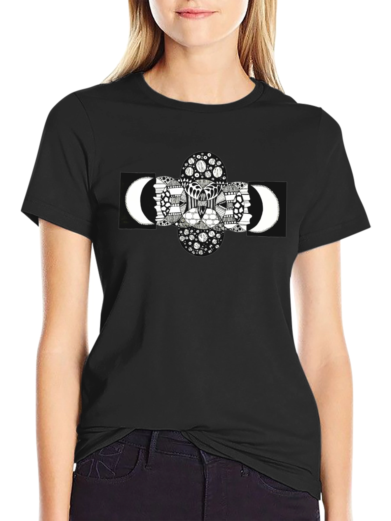 Abstract Moon Print Black T-Shirt