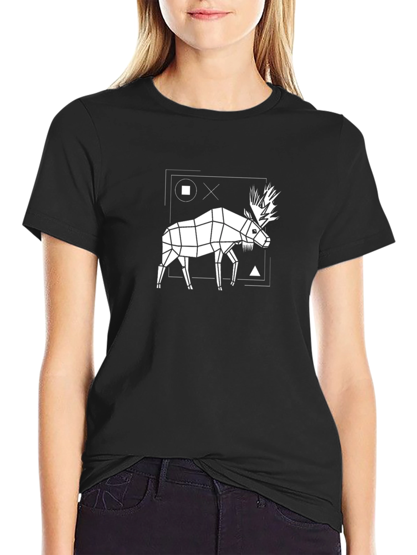Geometric Moose Graphic T-Shirt - Black