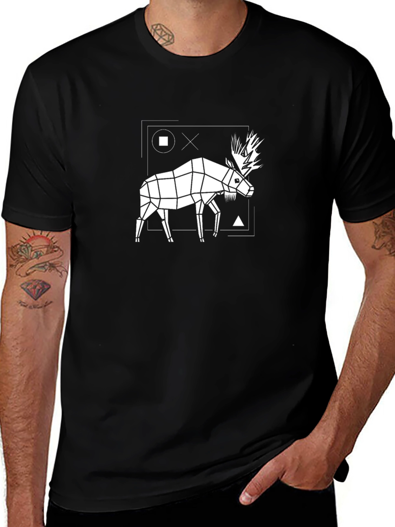 Geometric Moose Graphic T-Shirt - Black