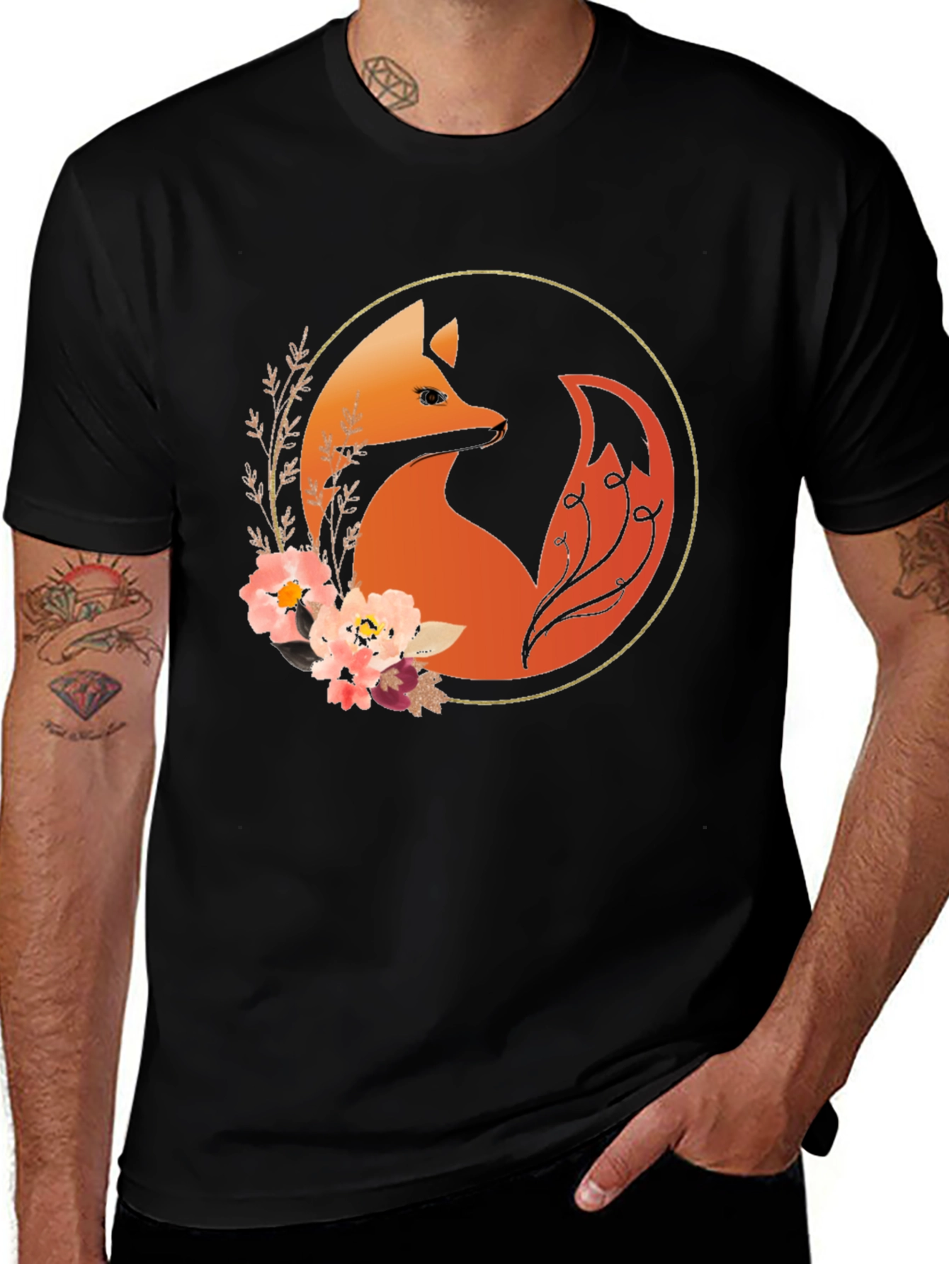 Fox & Floral Circle Graphic Tee - Black
