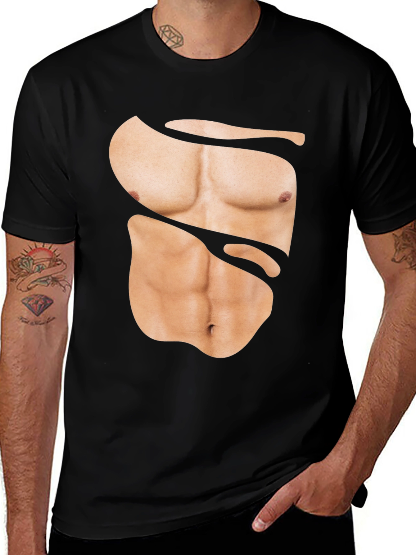 Funny Muscle Print T-Shirt - Abs Illusion Black Tee