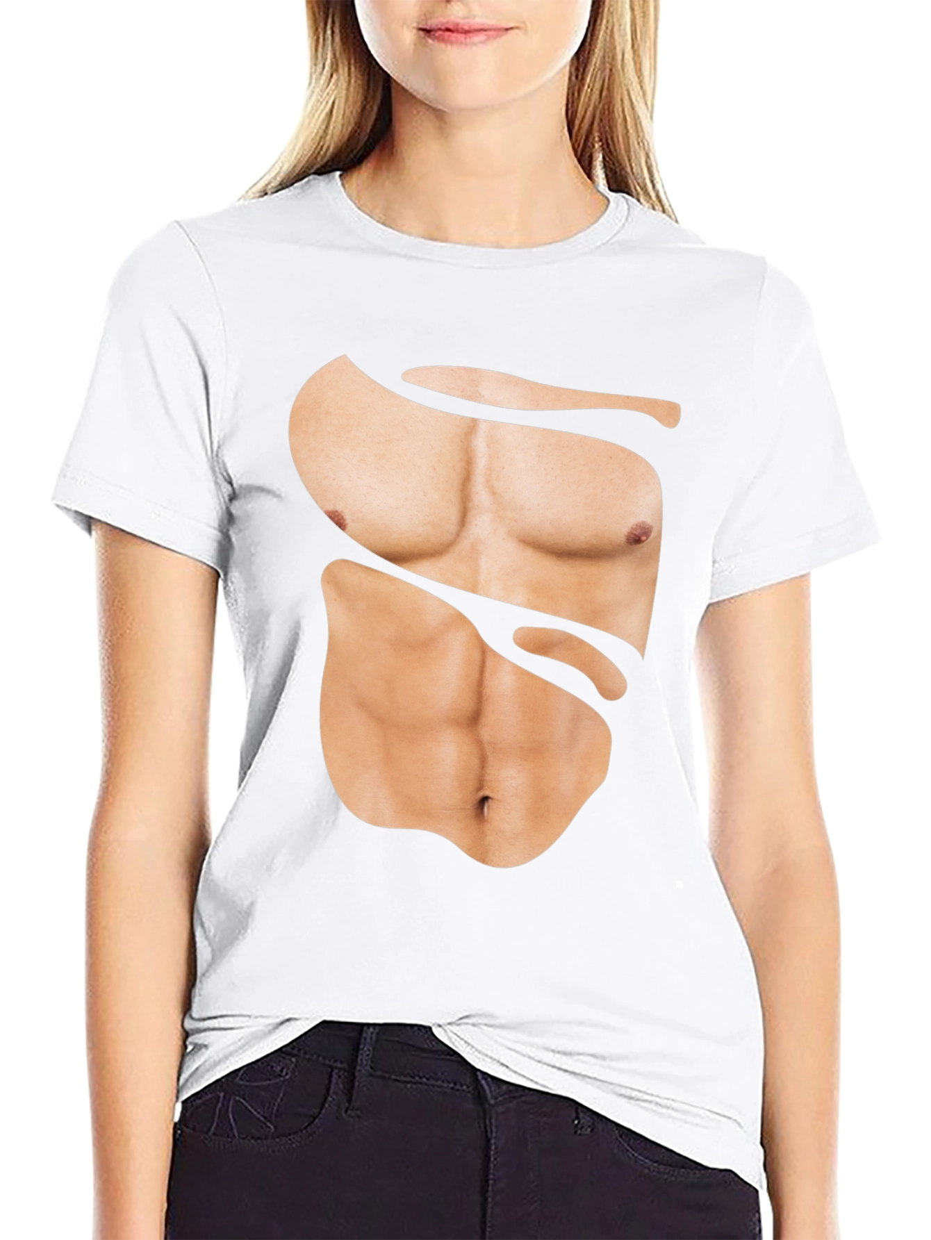 Funny Muscle Print T-Shirt - Abs Illusion Black Tee