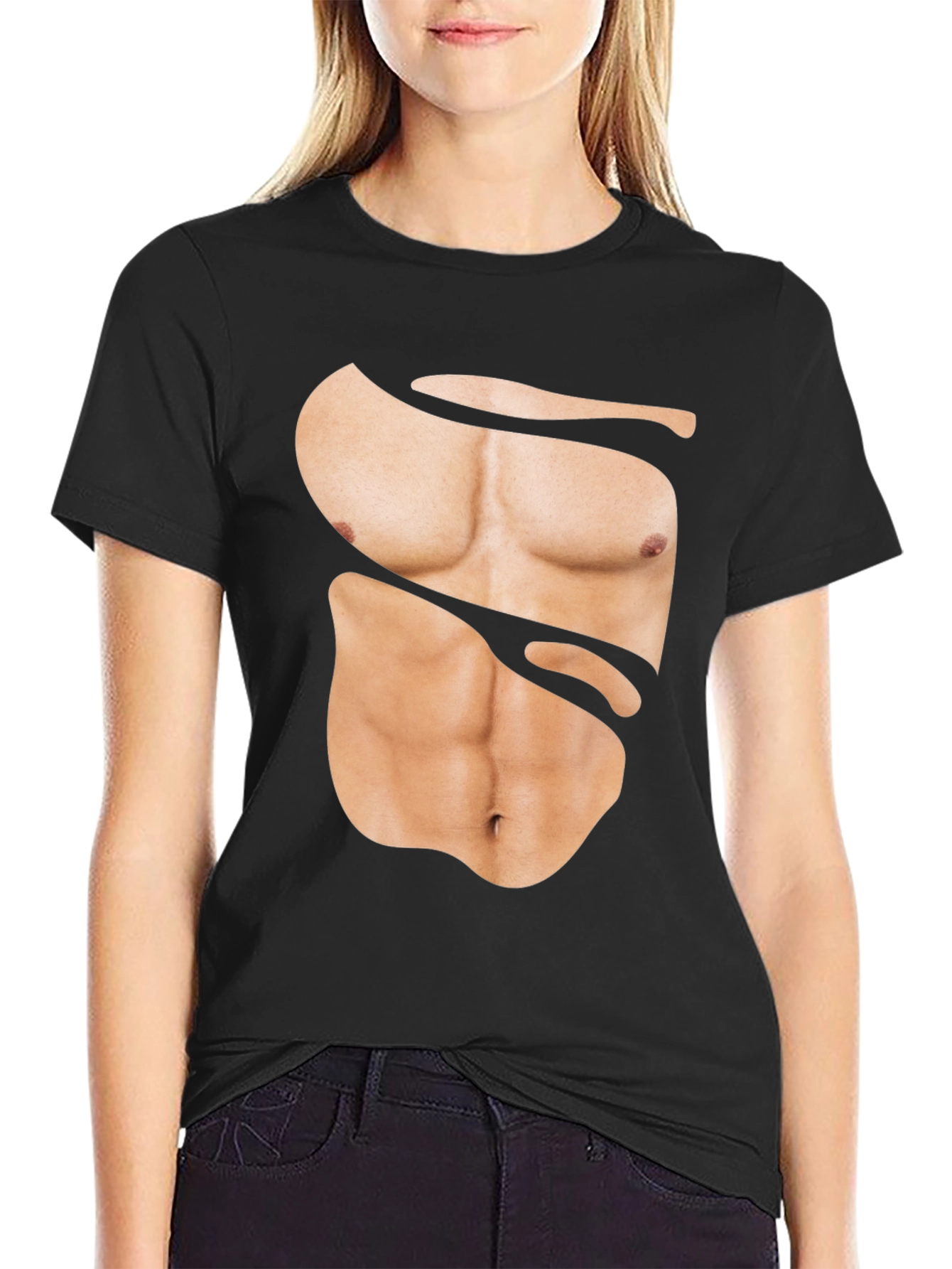 Funny Muscle Print T-Shirt - Abs Illusion Black Tee