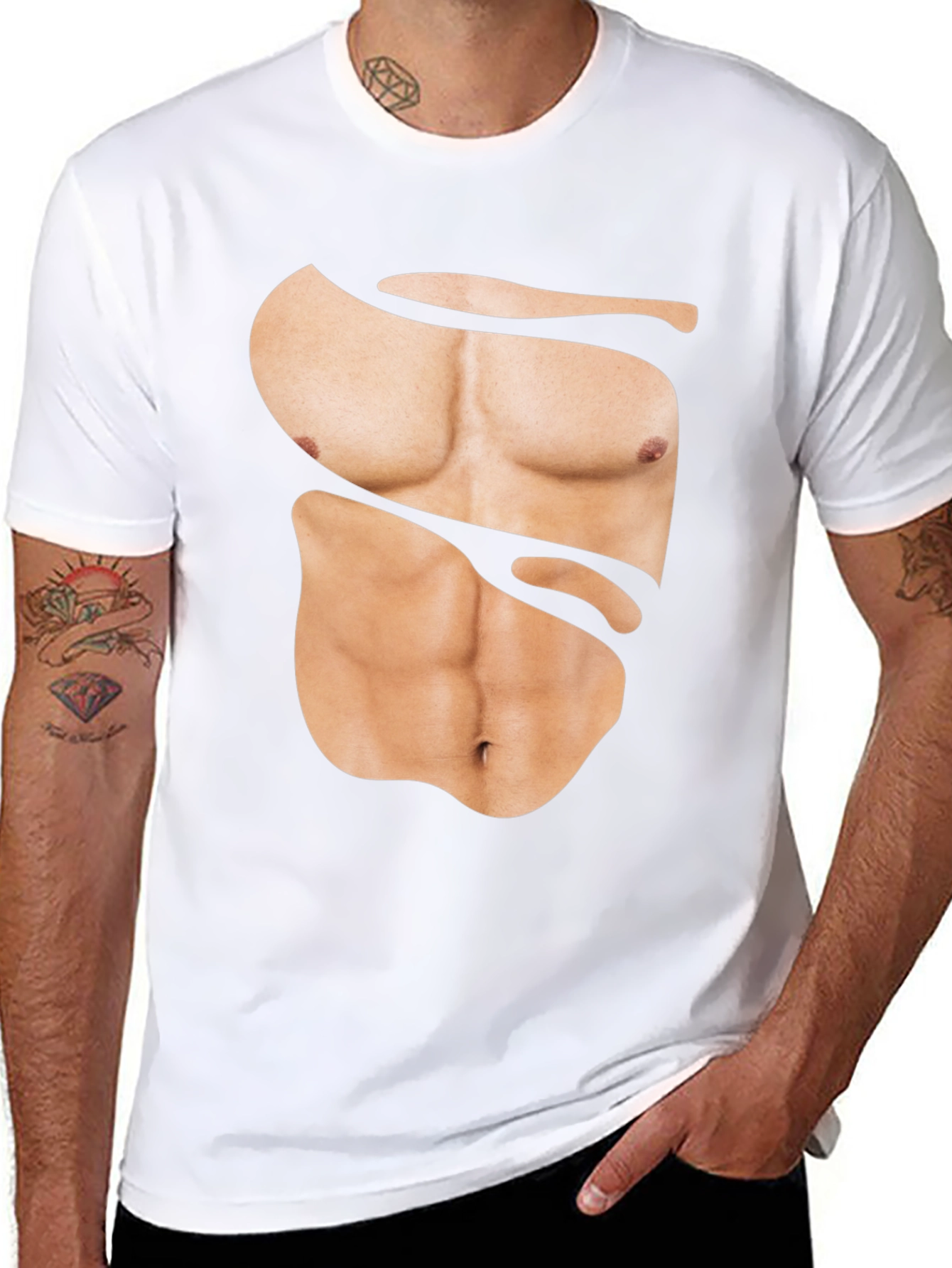 Funny Muscle Print T-Shirt - Abs Illusion Black Tee