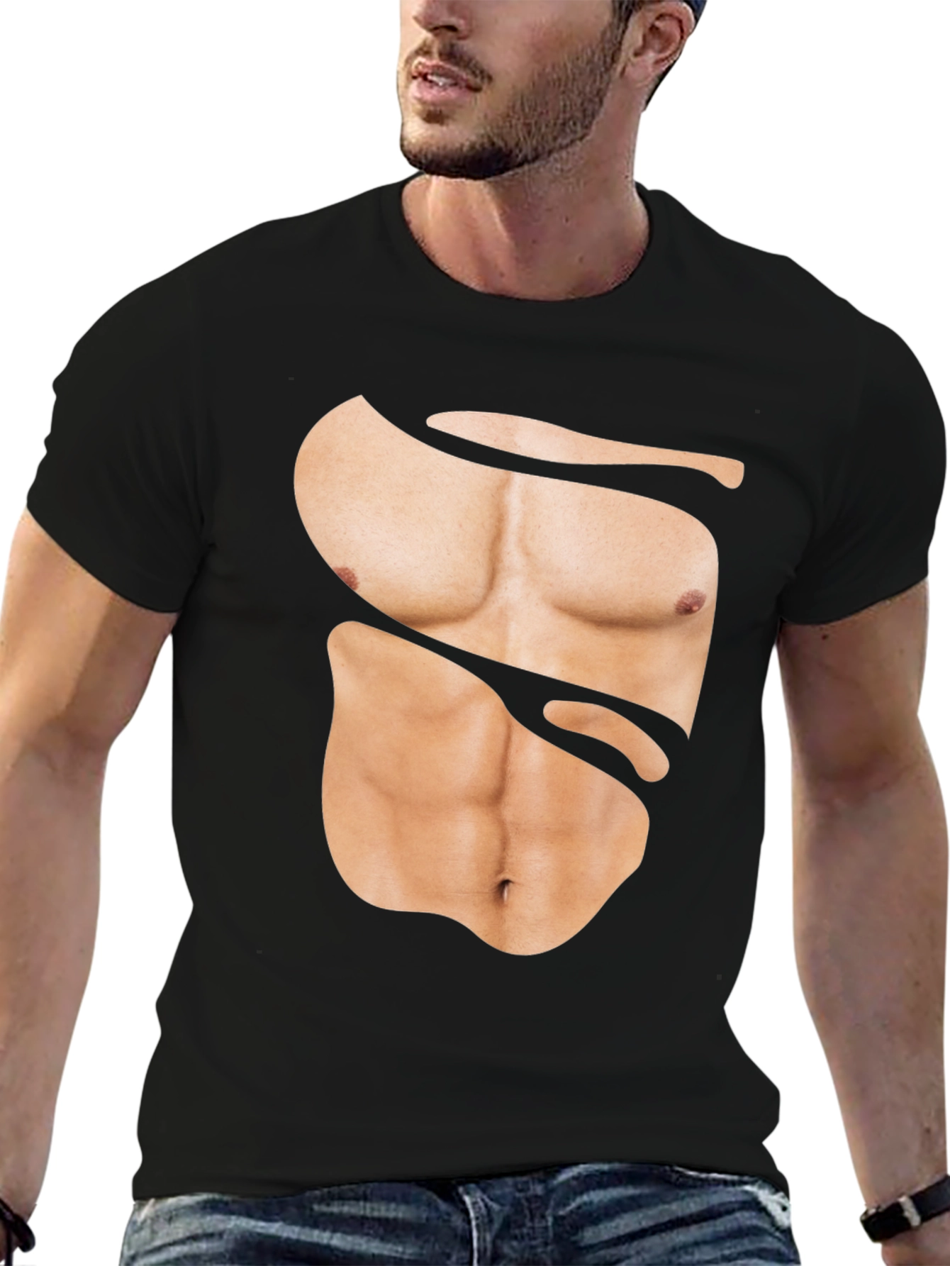 Funny Muscle Print T-Shirt - Abs Illusion Black Tee